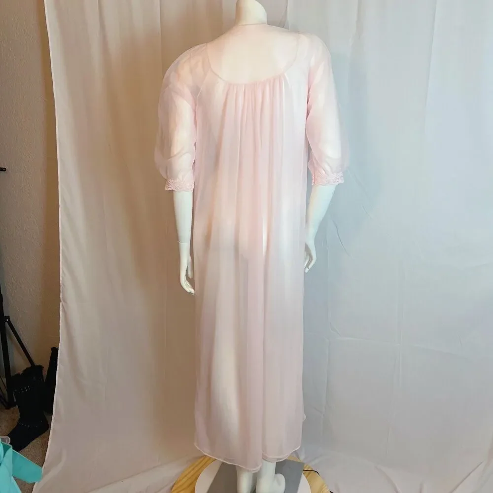 Vintage 1970s Sheer Pink Chiffon Night Gown Lace Details Coquette Size M - Picture 4 of 6